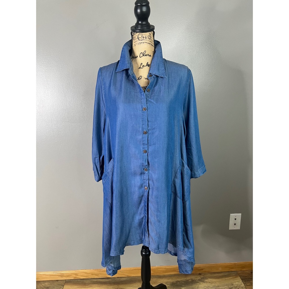 Ronnie Salloway Blue Tencel Button Front Shirt Dress Handkerchief Hem Pockets M